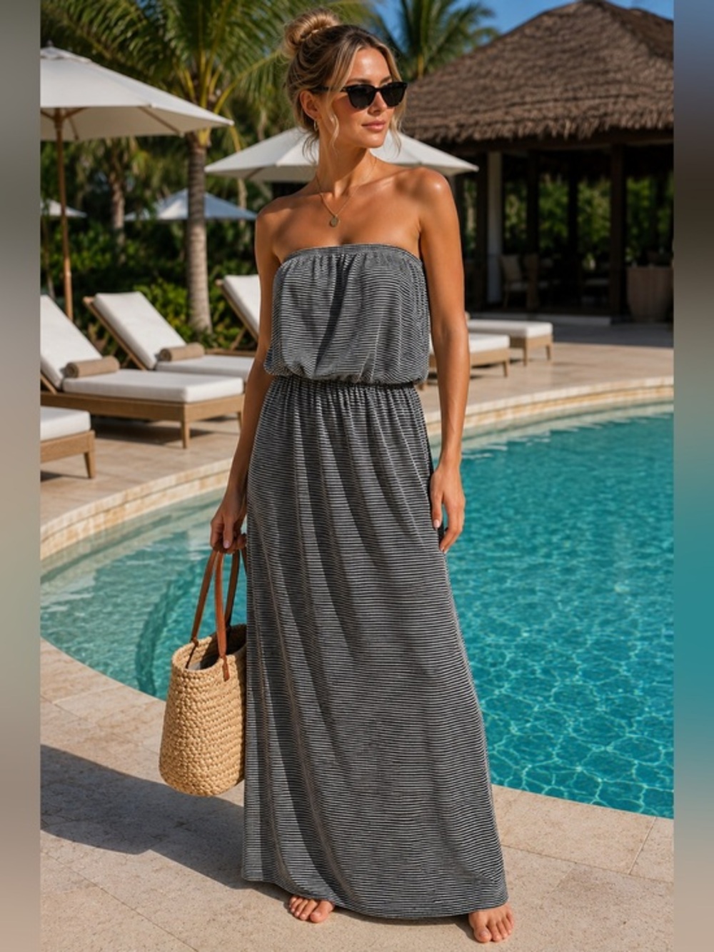 Striped Strapless Maxi Beach Cover Up Resort Coastal Vacation M
